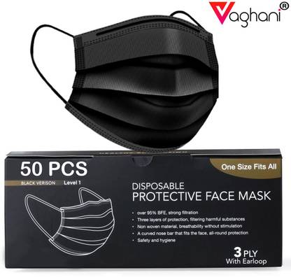 Vaghani 50 Black Units With Nose Pin Disposable Iso Mark 3 Ply Pharmaceutical Breathable Surgical Pollution Face Mask Respirator with 3 Layer For Men, Women, Kids 3 Ply Surgical Mask (50 Piece) ( With Nose Pin )( Black ) Surgical Mask With Melt Blown Fabric Layer