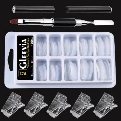 Gleevia Acrylic Nail Extension Kit- Reusable Nails 100pc, Applicator Brush & 5Nail Clips