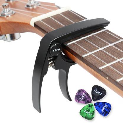 TechBlaze Ukulele Capo Aluminium Alloy Clamp for 4 Strings with 4 Picks (Black) Clutch Guitar Capo