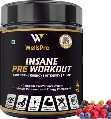 WellsPro Insane PreWorkout 250g [16 Servings] Ultimate Performance Energy & Intense Focus BCAA