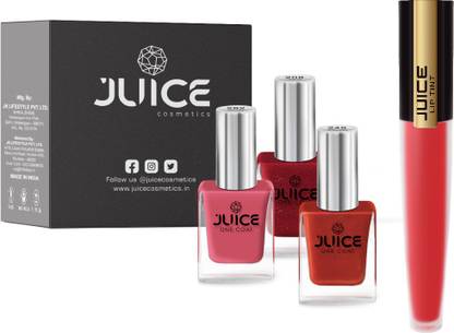 Juice | NAIL PAINT (CORAL SUNSET - 292/ GOLDEN ORANGE - 249/ FIREY RED - 208) & LIPTINT (RED PUNCH M-24) | WATERPROOF & LONG LASTING