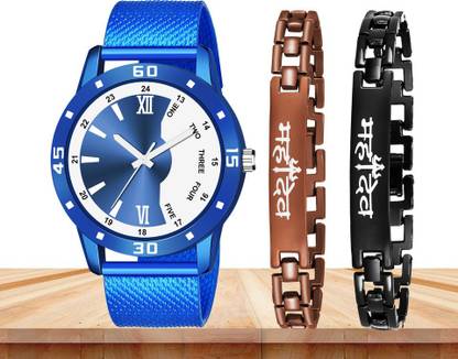 Half Blue Round Dial Pu Strap With Matt Finish Mahadev Bracelet Analog Watch  - For Boys