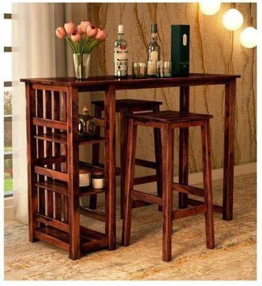 G Fine Furniture Sheesham Wood Long 2 Seater Bar Table Set, High Bar Table Chairs Set For Kitchen Solid Wood Bar Chair