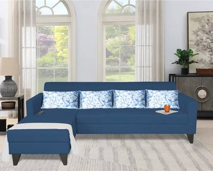 ADORN INDIA Bladen L Shape 5 Seater Sofa Set Floral Print (Left Hand Side) (Blue) Fabric 5 Seater Sofa