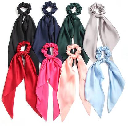 ASG 8 Pieces Bowknot Satin Long Tail Elastic Ribbon Scarf Scrunchie Rubber Band
