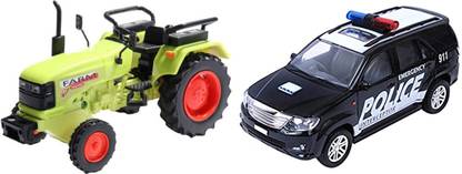 centy Farm Tractor And Swat Interceptor Police Car Pull Back Toy Pack of 2, Multicolor