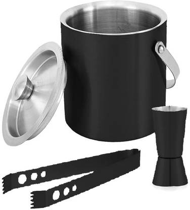 finality Double Walled Steel Insulated Black Ice Bucket with Lid & Ice Tong & Peg Measure 3 - Piece Bar Set