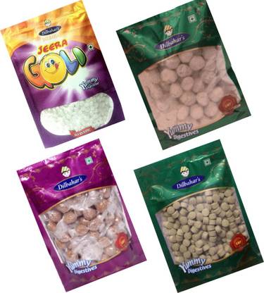 Dilbahar Jeera Goli, Gulab Amla Paak, Manchali Imli & Podinawati 100g Pack of 4 Sweet & Sour Powder Candy
