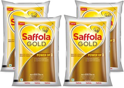 Saffola Gold Refined Cooking oil, Blended Rice Bran & Corn oil, Helps Keep Heart Healthy Blended Oil Pouch  (4 x 1 L) at Rs. 500