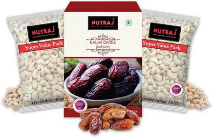 Nutraj Kalmi Dates (Safawi) 500g and Cashew Nuts W450 (400g X 2) Combo Pack 1.3Kg Combo