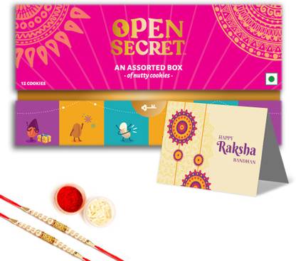 [100% Supercoins] OPEN SECRET Rakhi Gift Hamper | 12 Assorted Cookies, Roli Chawal, 2 Rakhis Cotton, Paper, Plastic Gift Box  (Brown)