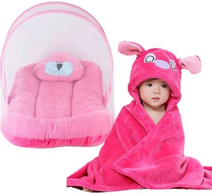 BABY ZONE Mosquito Net Bed and A Baby Bath towel soft Baby Bed With a soft Pillow Pack Of 2