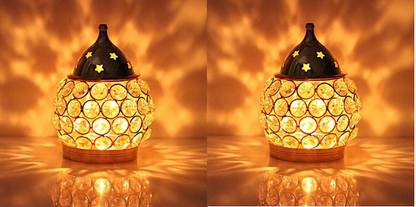 Fashion Bizz Set of 2 Brass Akhand Diya | Diamond Crystal Deepak/Diya Brass, Crystal (Pack of 2) Table Diya