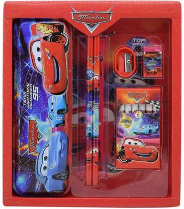 VINMOT Cars Stationery Set Geometry, Pencils, Eraser, Scale, Sharpener, Crayons -12 Pcs Car McQueen Art Metal Pencil Box