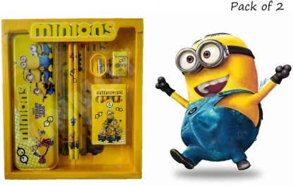 VINMOT Minion Stationery Set with Geometry, Pencils, Eraser, Scale, Sharpener, Crayons Minions Art Metal Pencil Boxes
