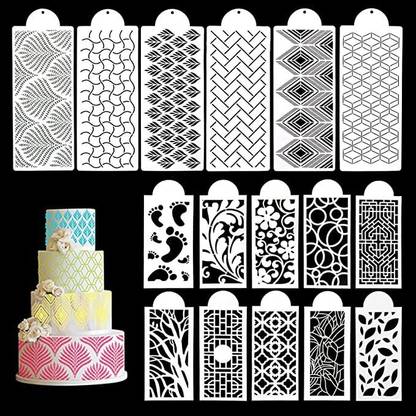 IVANA'S 16 PCs Cake Decorating Stencils, Floral Cake Templates Cake Printing Fine Hollow Lace Cookie Fondant Dessert Decorating Molds, Side Baking Mesh Stencil Tool for Cake Decorations (Side Baking) Stencil
