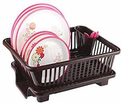 MECHON Plastic 3 in 1 Large Sink Set Dish Rack Drainer with Tray for Kitchen (Brown) Storage Basket