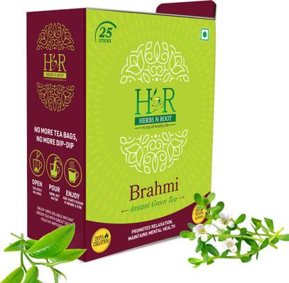 HERBS N ROOT Brahmi Instant Green Tea | 25 Sticks | 50 Cups Brahmi, Mango Green Tea Box