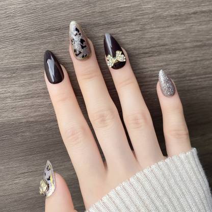 SECRET LIVES Artificial nails extension with glue sheet black silver glitter zebra print, 3D golden bow 3D golden heart design