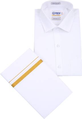 kkv White Full Sleeve Shirt With Gold Jari Single 4 Mulam (2 Meters) Solid Men Dhoti