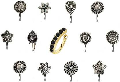 Vama Fashions Black Silver Plated Silver Nose Stud Set