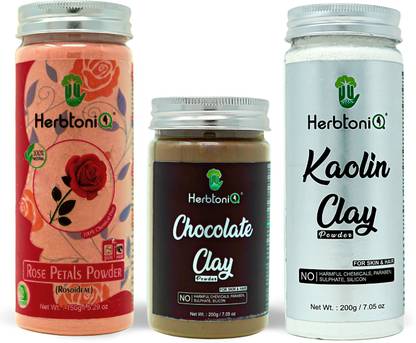 HerbtoniQ 100% Natural Rose Petals Powder 150g, Chocolate Clay Powder 200g, Kaolin Clay Powder 200g For Face Pack And Hair Pack