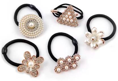 Myra Collection Pack of 5 Pearl Beautiful Silver Stone Black Elastic Hair Rubber Bands Girls Rubber Band