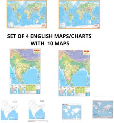 Set of 4 ENGLISH (MAPS/CHARTS) +10 Practice Outline Map | non laminated Paper Print