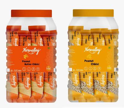 Hervalley Peanut Butter Chikk and Peanut Chikki JAR 100 Pieces of 17g Each (Two JAR) Plastic Bottle