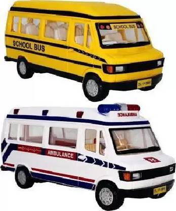 Game Phactory Pull Back & Go , Tempo Traveler Ambulance & School Bus For Kids (Pack of 2)