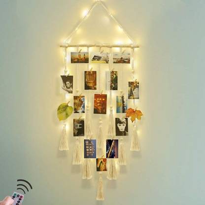 ecofynd Macrame Photo Display Wall Hanging Picture Organizer with Wood Clip & LED Light