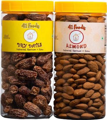 41 foods Dry fruits combo pack of Dry Dates Almonds | Badam Khajoor (150x2) 300 GM Dry Dates, Almonds