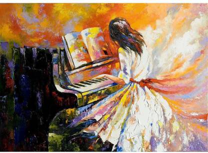 Pitaara Box Girl Playing On The Piano Unframed Wall Art Painting Print Canvas 16 inch x 22.4 inch Painting