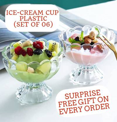 CLONYA Plastic Dessert Bowl Plastic Clear Dessert Bowl, Ice-Cream Cup Bowl Set of 6