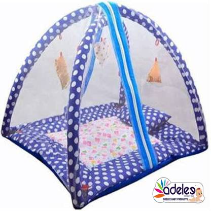 Ankur Creation Bedding Set with Foldable Mattress, Mosquito Net and Pillow Blue Polka Baby Mosquite Bedding Polka Dots