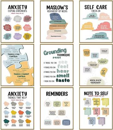 Mental Health Posters Anxiety Therapy Motivational Poster Psychologist Inspirational Posters Positive Quotes Wall Decor Classroom for Home Office, 9 x 12 Inch (Retro Style,9 Pieces) Photographic Paper
