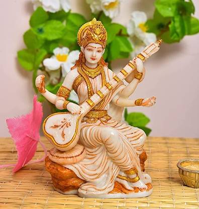 ANSH OUTLET Handmade marble Maa Saraswati Idol For Puja Goddess Saraswati Statue Decorative Showpiece  -  5 cm