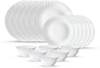 cello Pack of 18 Opalware Super White and Light, 100% Hygienic bone ash free Dinner Set