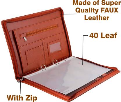 Saksham Enterprises Faux Leather File Folder of B4 size with 2D Ring & 40 Sheet Protector (LEAF) with Zip