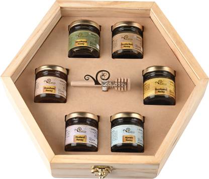 Vantattva Healthy Gift Hamper - 6 cute little honey jars with honey dipper in elegant Pinewood box