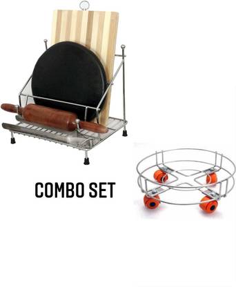 Zenex store Chakla/Belan Kitchen Rack Steel Combo Chakla Belan Tawa Stand for Kitchen Gas Trolly Stand Trolley with Wheels