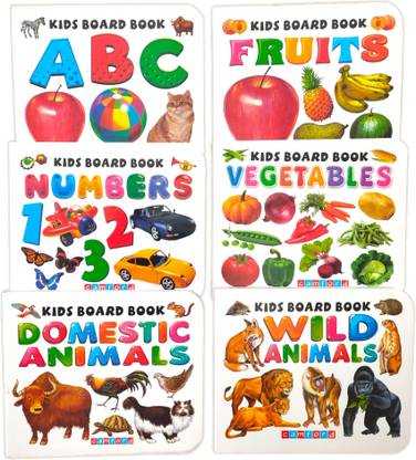 SHIMZAN KIDS PRE SCHOOL EARLY LEARNING ALPHABETS (ABC), NUMBERS (123), FRUITS, VEGETABLES, WILD ANIMALS & DOMESTIC ANIMALS PICTURE BOOKS (Set of 6 Board Books, Size- 11 CM X 9 CM)