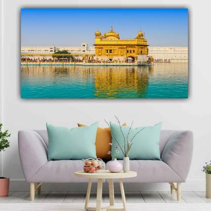 The seven colours beautiful golden temple harmandir sahib canvas painting photo (with frame) Canvas 24 inch x 48 inch Painting