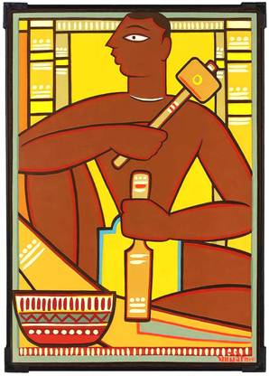 FURNATO | JAMINI ROY Painting Collection – Sanathal Carver – MDF642 Digital Reprint 17 inch x 12 inch Painting