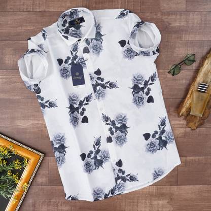 Men Floral Print Casual White Shirt