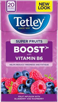 Tetley Super Fruits Boost With Blueberry & Raspberry, 20 Tea Bags Blueberry, Raspberry Infusion Tea Bags Box