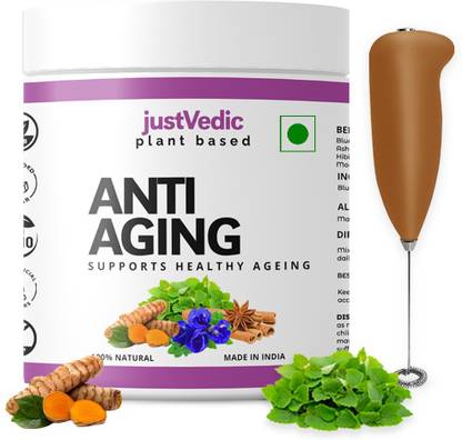 justvedic Anti-Aging Drink Mix -help with Skin Glow, Hair Care, Premature Ageing + Frother