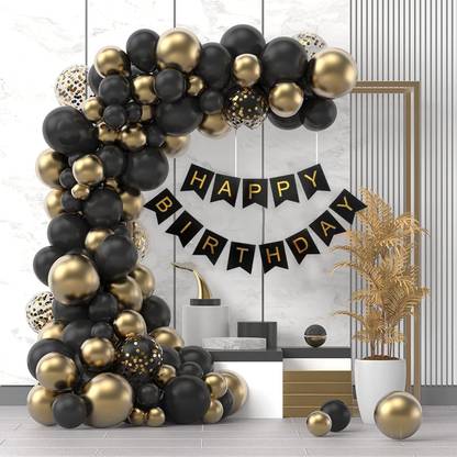 Prihit Birthday Decoration Kit Gold Black Balloons With Birthday Banner