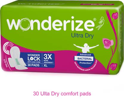 Wonderize Ultra Dry XL Sanitary Napkins For Women – 30 Pads – With advanced bacterial protection – Super Soft Side Edges For Rash Free Periods Sanitary Pad  (Pack of 30)