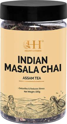 HEALTHY & HYGIENE Indian Masala Chai (Black Leaf Tea, Cardamom, Black Pepper, Licorice, Ginger, Cinnamon, Bay Leaf, Fennel, Ajwain, Pipli, Star Anise, Javitri, Cumin, Fenugreek, Tulsi, Nutmeg, Turmeric, Flaxseed, Brahmi, Ashwagandha), 100 Gram Cardamom, Black Pepper, Ginger Masala Tea Pouch